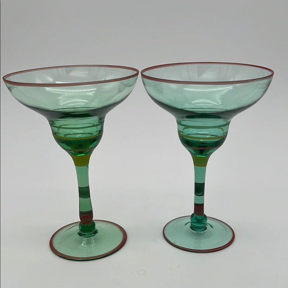 Handmade Blown Margarita Glasses Striped w/Handpainted Rim ~1950s (Set of 2)